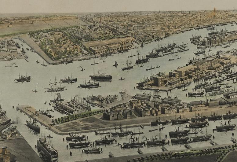 Gezicht op Rotterdam in vogelvlucht met het zuidelijk stadsdeel op de voorgrond.