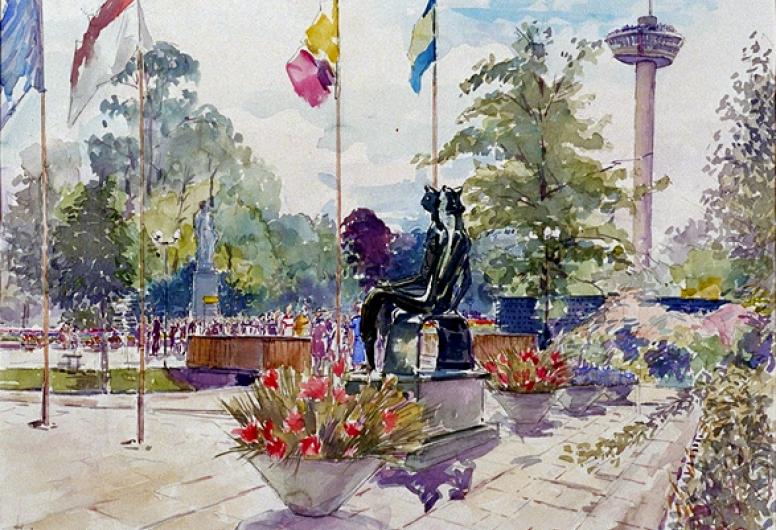 Prent van de Floriade van 25 maart - 25 september 1960. Ingang Koningshof met de beelden van Henri Moore.