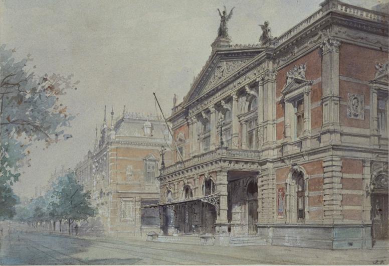 De Groote Schouwburg in de Aert van Nesstraat. Aquarel door Jan Verheul