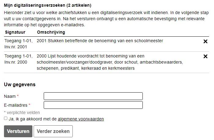 Digitaliseren op Verzoek: handleiding voor het aanvragen van een archiefstuk. Stap 3: Vul uw naam en e-mailadres in, ga akkoord met de voorwaarden en klik op versturen.