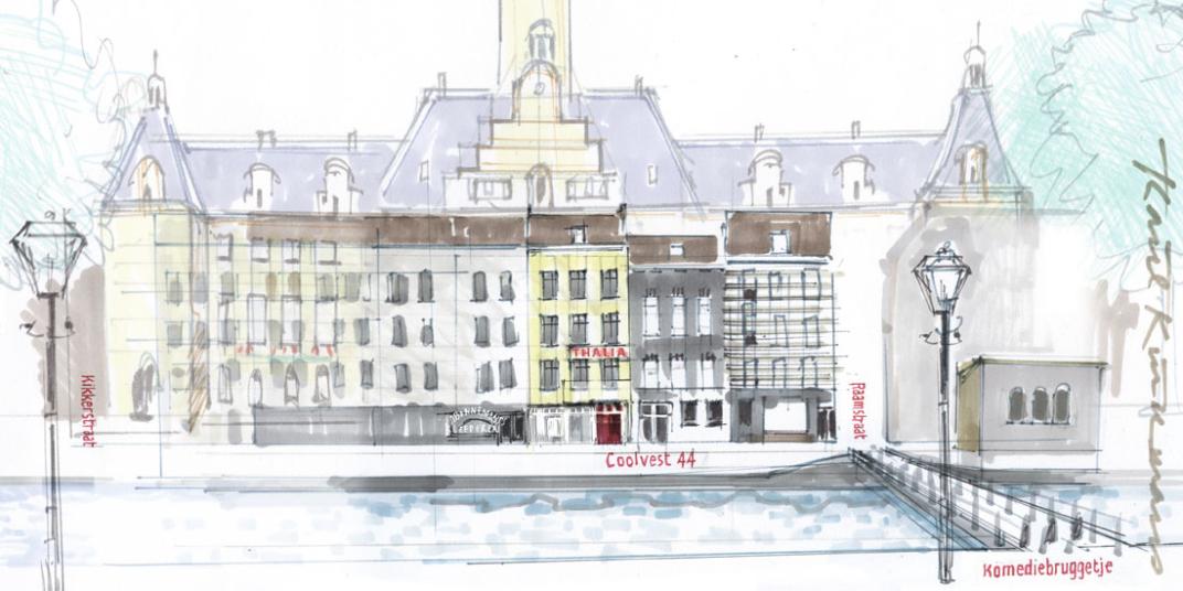 De ingang van Thalia was op de plek waar nu de rechter toegangspoort van het stadhuis is.​ Beeld: Karel Kindermans, 2021.