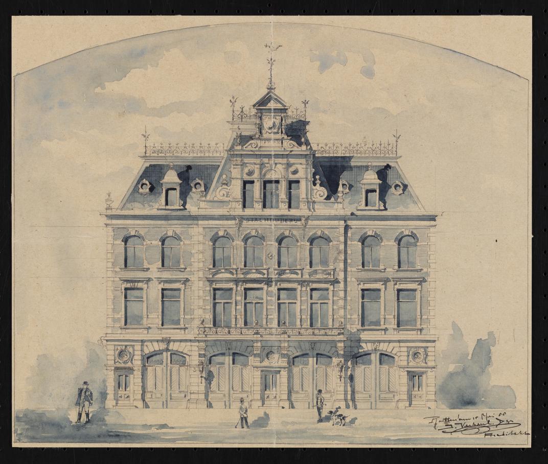  Schetsontwerp uit 1888 van de stalhouderij van D. van der Kuylen aan het Van Hogendorpsplein.