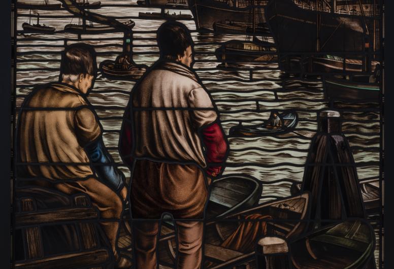 Zakkendragers glas in lood raam. Uit de collectie van Museum Rotterdam