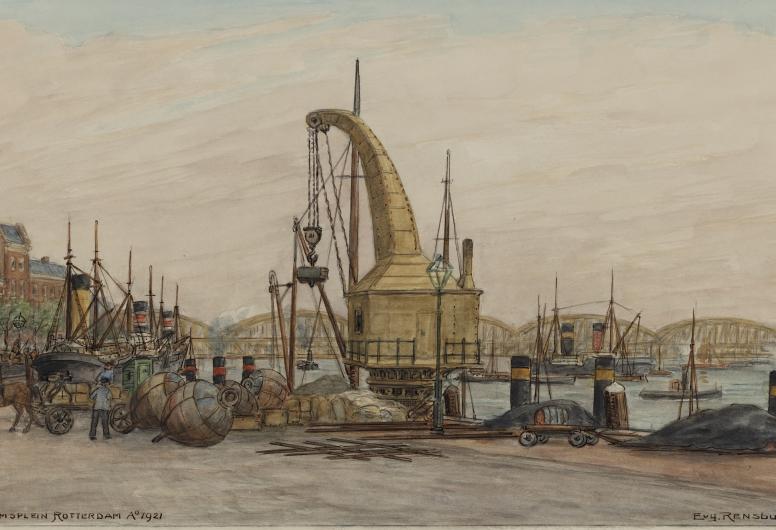 Het Willemsplein met langs de kade de hijskraan voor stukgoederen, uit het westen (1921).