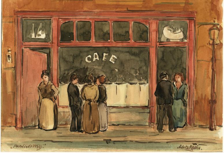 Mensen voor café 'het paard in de wieg' aan het Roode Zand. 1906-1912 (geschat).. Collectie 4080, nummer 1982-472 Maker A. Ph. de la Rivière