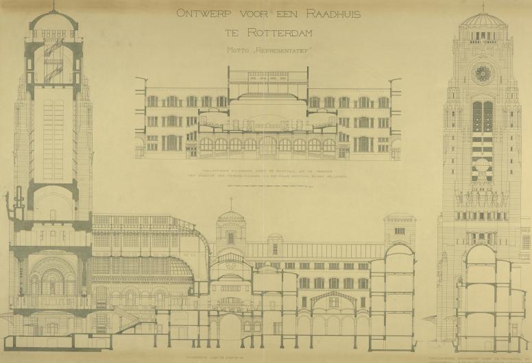 Ontwerp voor het stadhuis te Rotterdam [niet uitgevoerd]: lengtedoorsnede. Ingezonden door Willem Kromhout onder motto 'Representatief', 1913. Collectie 4013, Documentnummer XII-34-01-63
