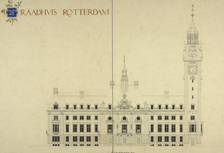 Architect Stuyt. Ontwerp voor het stadhuis te Rotterdam [niet uitgevoerd]: voorgevel.  Ingezonden onder het motto 'Groen Wit', 1913. Collectie 4013, documentnummer XII-34-01-27