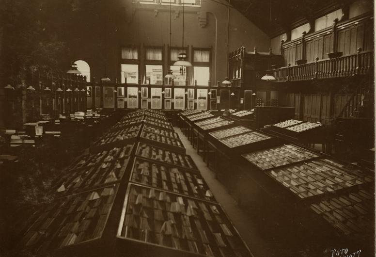 Personeel van de afdeling Bevolking aan het werk achter bureaus en kaartenbakken van het stadhuis aan de Kaasmarkt, 1918. NL-RtSA_4135-XII-30-01-3