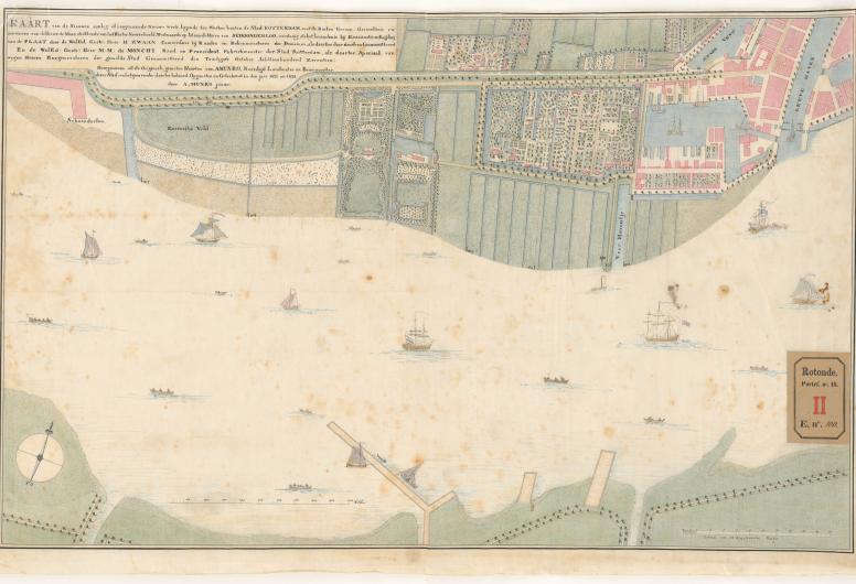 Kaart voor de aanleg van het Nieuwe Werk met aanduiding in nummers van de buitengorzen, de grienden en de aanwassen aan de rivier de Maas vanaf de Leuvehaven tot aan de haven van Schoonderloo, 1821. Collectie Rotondetekeningen NL-RtSA_4014_100