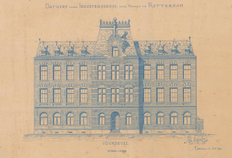 Ontwerptekening van de voorgevel van een te bouwen Industrieschool voor meisjes aan de Schietbaanlaan in 1890. Collectie Rotondetekeningen 4014_1890-96-1