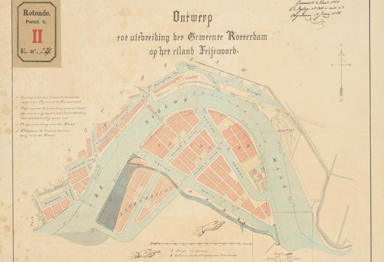 Gesteendrukt kaartje van een ontwerp tot uitbreiding van de Gemeente Rotterdam op het eiland Feijenoord, waarop een plan voor het maken een bergplaats van petroleum en een steiger met spoorweg bij het Zwanegat is aangegeven, 1864. Collectie Rotondetekeningen 4014_G-24