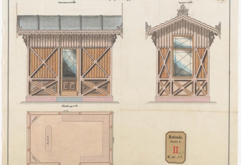Tekening van een wachthuisje met voor- en zijaanzicht op het Hofplein voor de Schielandsche Tramweg Maatschappij lijn Hillegersberg - Rotterdam, 1882. Collectie Rotondetekeningen 4014_F-408