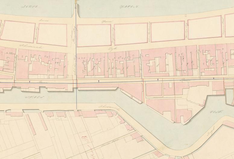 Kadastrale kaart behorend bij het ontwerp van een gedeelte van sectie A en H met aanwijzing der riolen en waterbuizen behorend bij het ontwerp tot verbetering der Binnen- en Polderstad van Rotterdam vervaardigd door de ingenieur der gemeente. NL-RtSA_4014