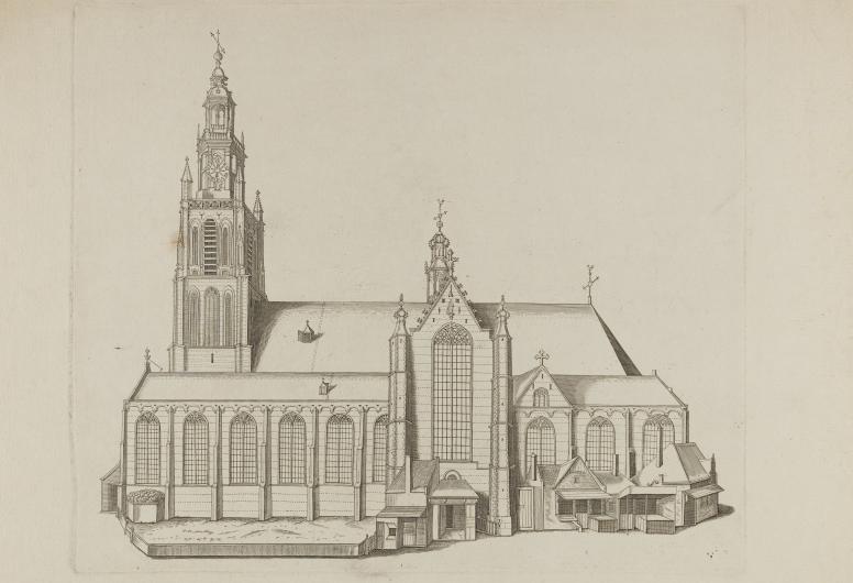 De St. Laurenskerk omstreeks 1600. Kopergravure, zonder naam. Collectie Prenten en Tekeningen. NL-RtSA_4080_RI-694
