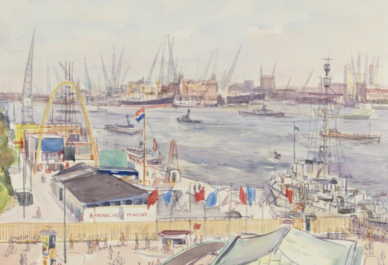 De Parkkade tijdens de manifestatie E'55 met zicht op de Nieuwe Maas. 1955. Collectie Prenten en Tekeningen. NL-RtSA_4080_XXXIII-996.