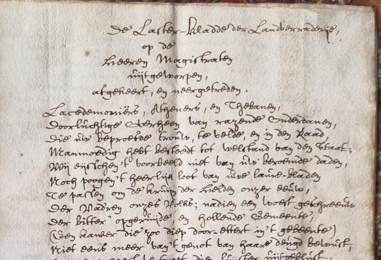 Eerste pagina uit de Laster-kladde der Landverraderye door Joachim Oudean, 1673.